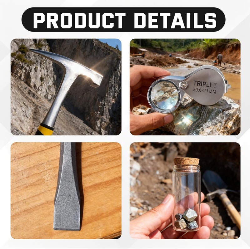 DigNew Geology Rock Pick Hammer Kit – 25PCS Rock Hammer Kit, Complete Geology Kit with Chisels,Folding Shovel, Safety Gear,Gold Panning Kit Accessories, Rock Hounding Equipment for Outdoor Exploration - Image 3